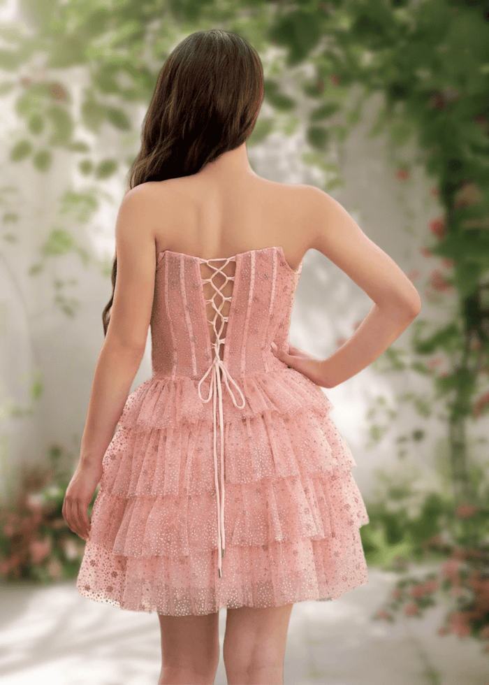 Alexandra | Classy Light Blue Strapless Corset Short Homecoming Dress with Ruffles - Light Pink - PromDressClub