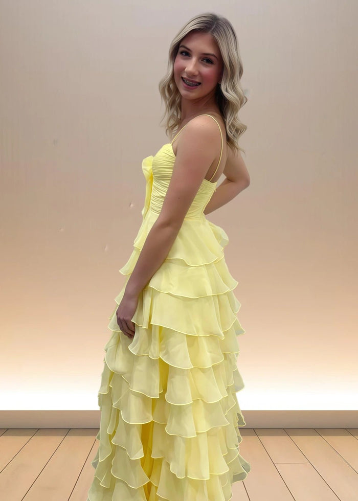Alexandra | Yellow Spaghetti Strap Corset Maxi Dress Formal for Ruffles - Yellow - PromDressClub