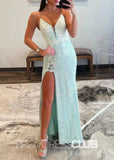 Alexia |Light Green Prom Dress Long Mermaid Spaghetti Straps Sequins With Split - Light Green - PromDressClub