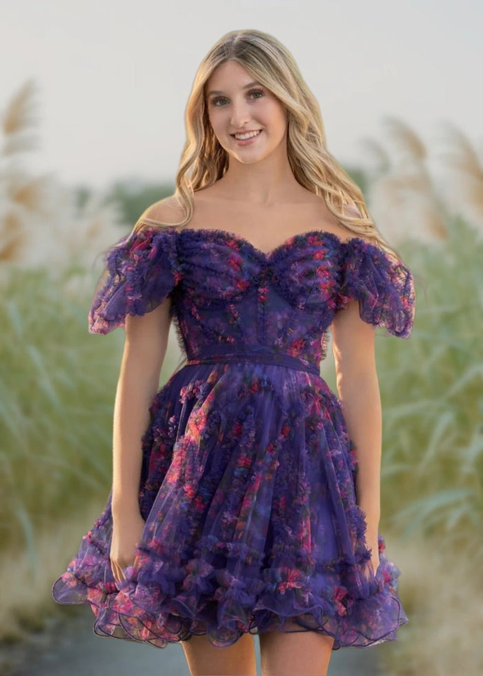 Alice | A Line Light Purple Floral Off the Shoulder Corset Homecoming Dress - Light Purple Floral - PromDressClub