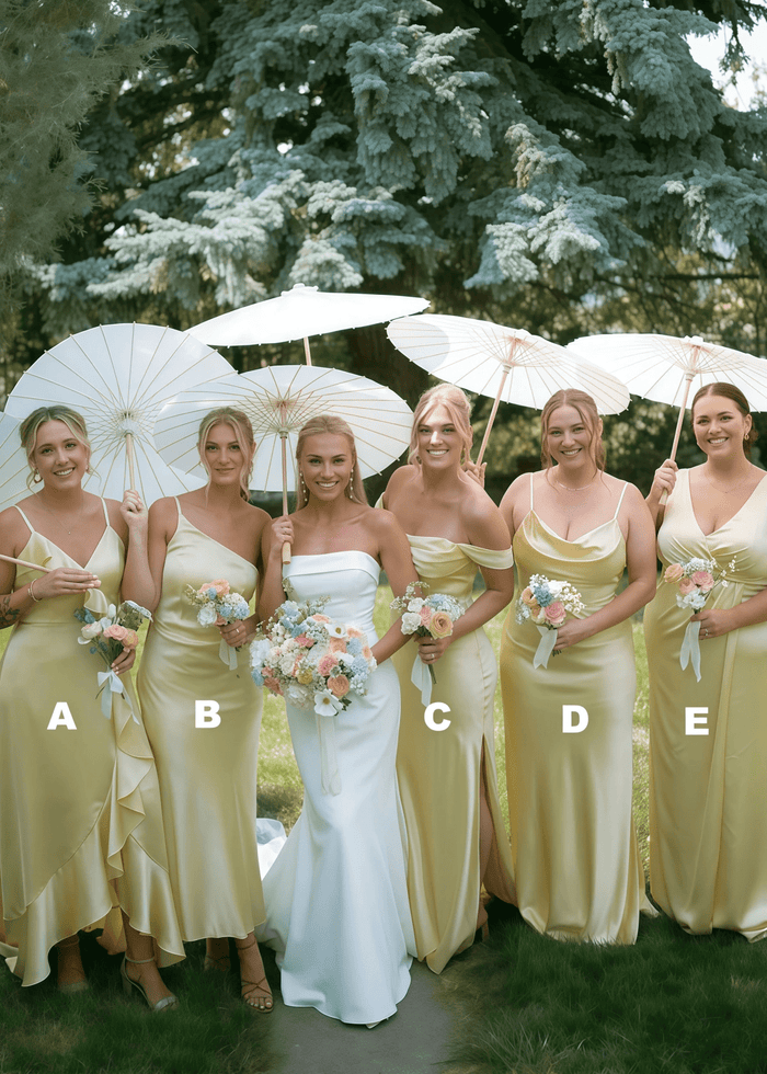 Alice | Simple Sheath Silk Satin Pale Yellow Maxi Bridesmaid Dress with Slit and Ruffles - Price #price_variant_lowest# - Pale Yellow - PromDressClub