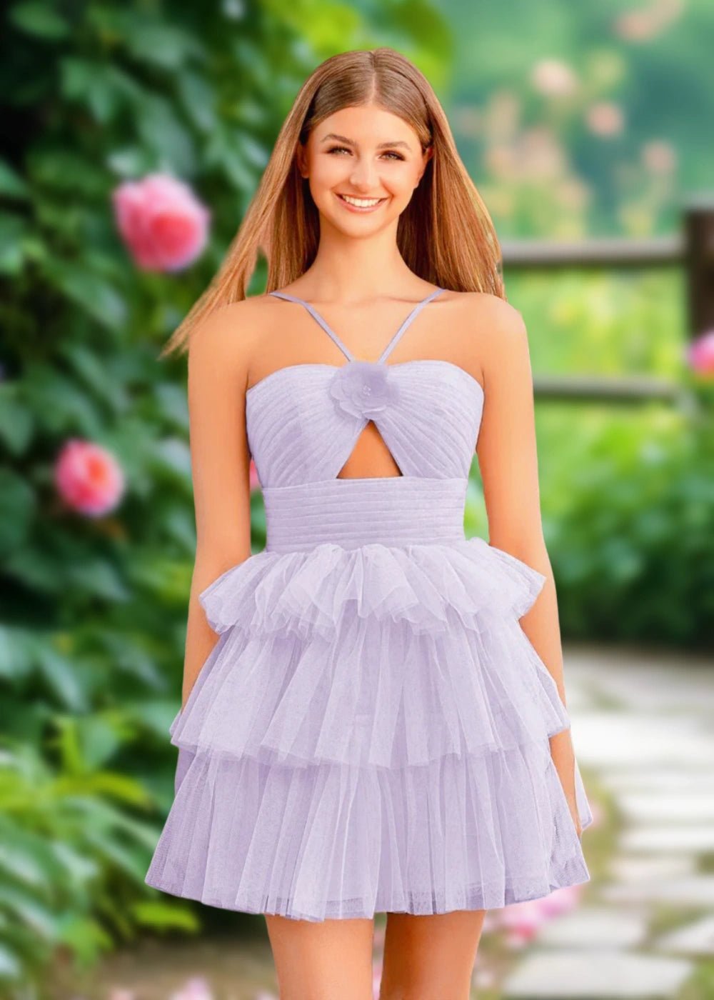 Alison | Chic A Line Orange Tulle Keyhole Short Homecoming Dress with Ruffles - Lavender - PromDressClub
