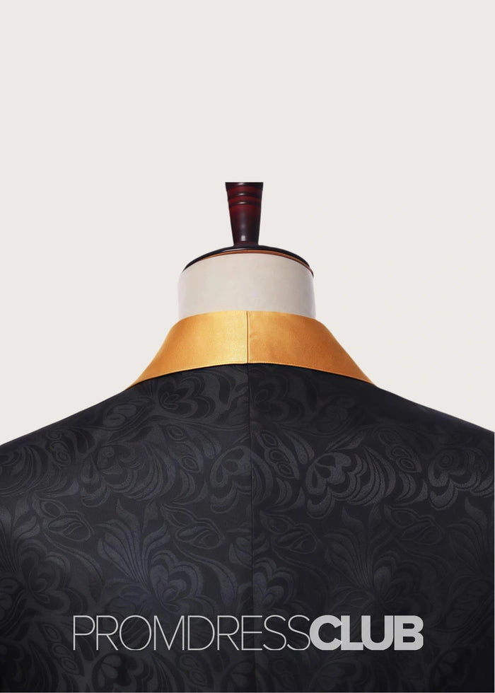 Allen |Black Prom Suits for Men With Jacquard Tuxedo with Gold Shawl Lapel | Three Pieces Men Suits - Price #price_variant_lowest# - 34 - PromDressClub