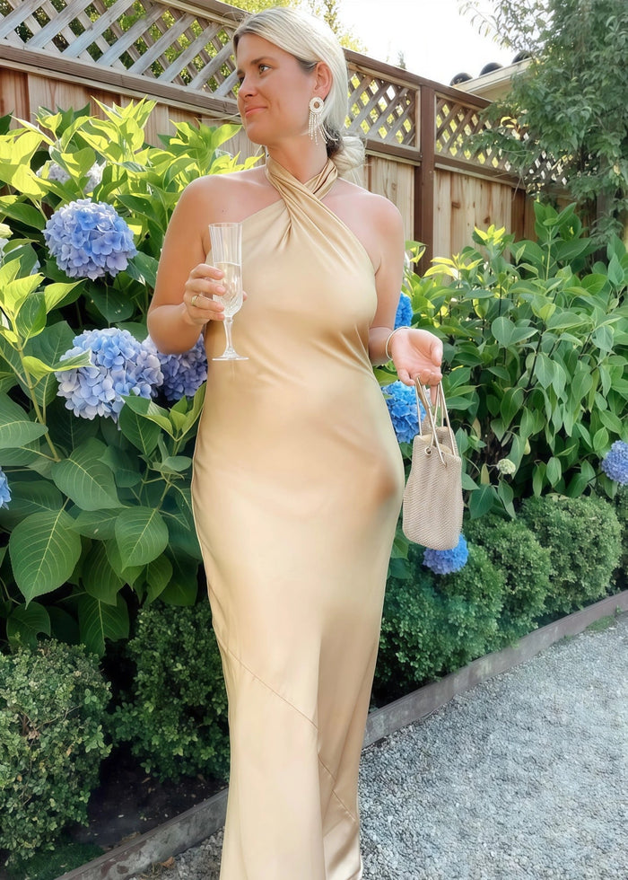 Amanda | Party Vibe Sheath Sage Green Satin Maxi Bridesmaid Dress with Halter and Backless - Price #price_variant_lowest# - Gold - PromDressClub