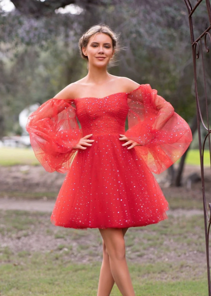 Amarynthe | Command Attention at Homecoming in a Glittering Red Tulle Dress - Red - PromDressClub