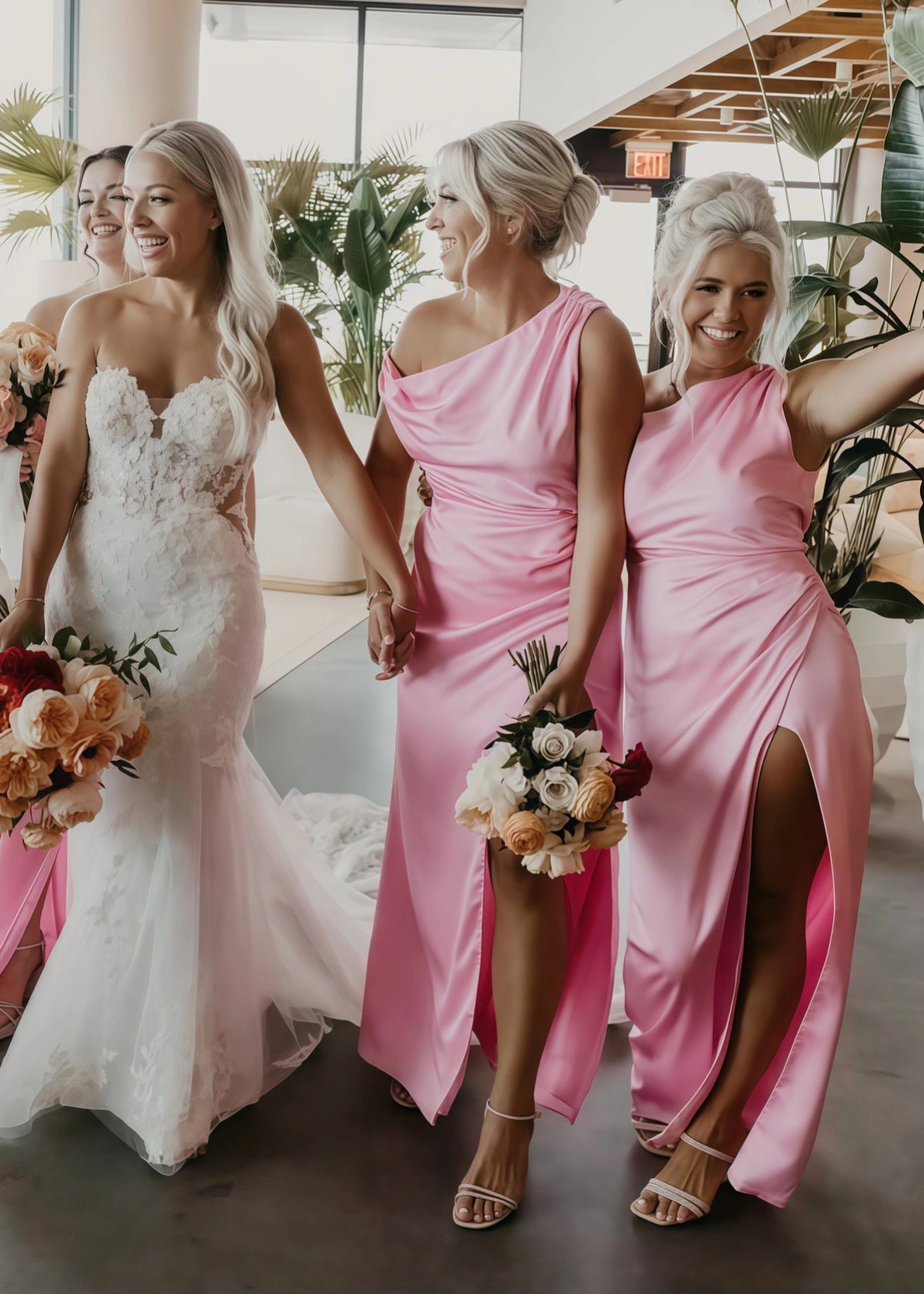 Amelia | Sheath Pleated Hot Pink Stretch Satin Maxi Bridesmaid Dress with Slit and One Shoulder - Hot Pink - PROMDRESS Club