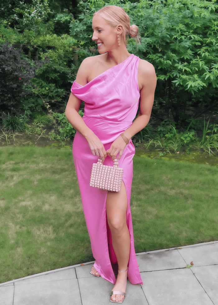 Amelia | Sheath Pleated Hot Pink Stretch Satin Maxi Bridesmaid Dress with Slit and One Shoulder - Price #price_variant_lowest# - Hot Pink - PromDressClub
