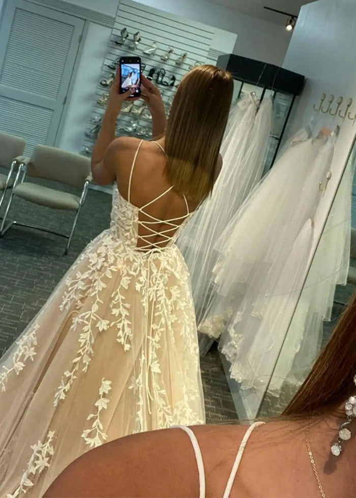 Amla | Plus Size Royal Blue and Light Pink Princess Lace Prom Dress - Champagne - PromDressClub