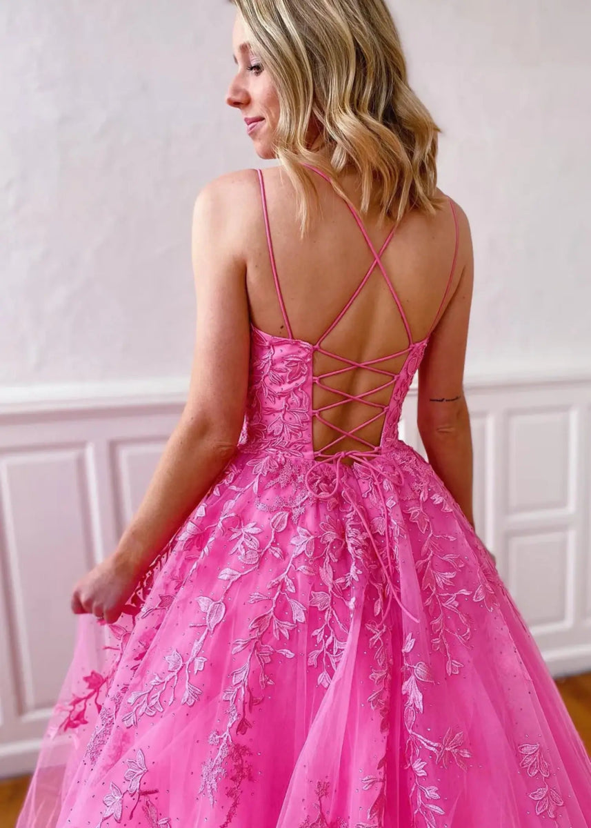Amla | Plus Size Royal Blue and Light Pink Princess Lace Prom Dress - Hot Pink - PromDressClub