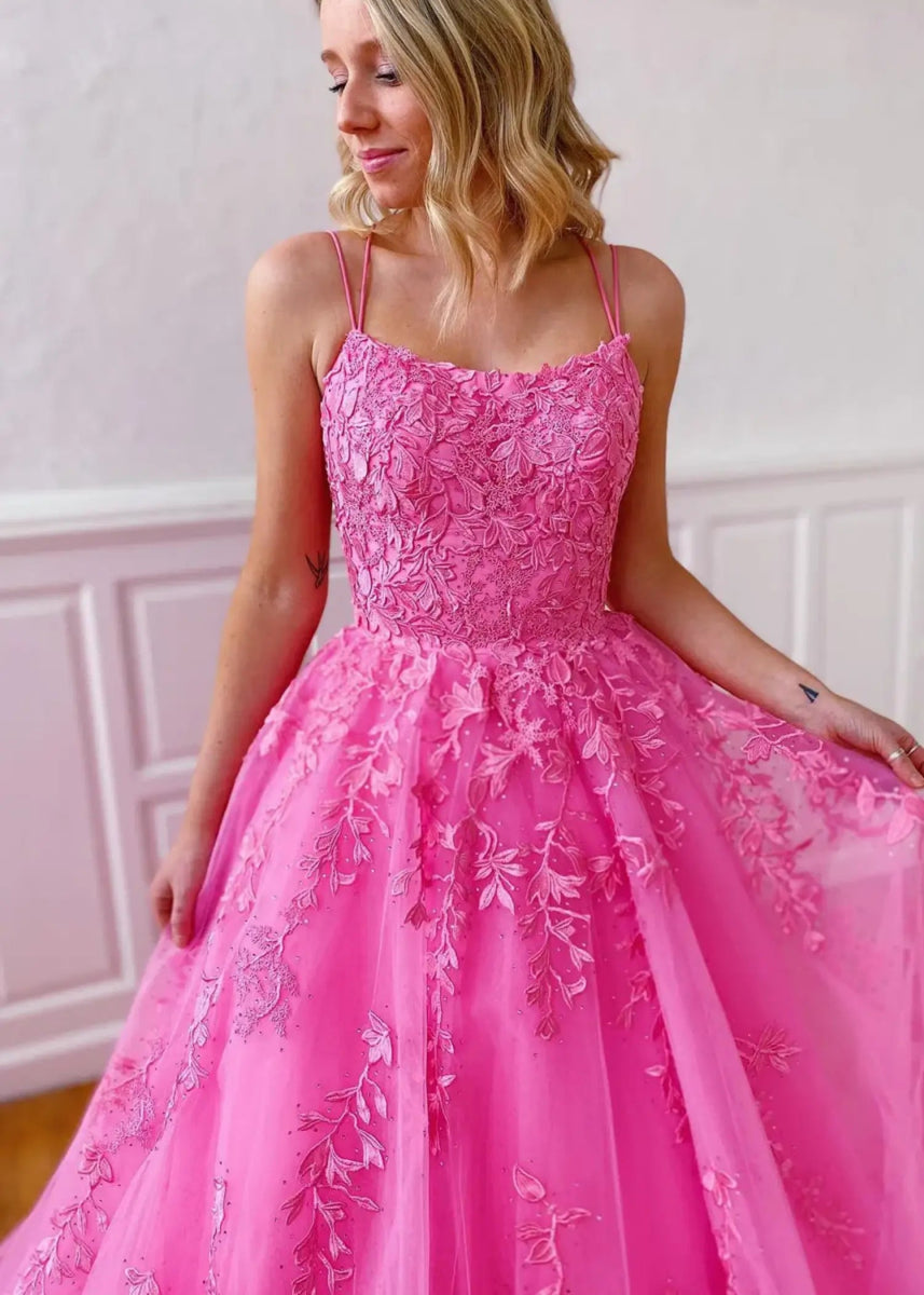 Amla | Plus Size Royal Blue and Light Pink Princess Lace Prom Dress - Hot Pink - PromDressClub