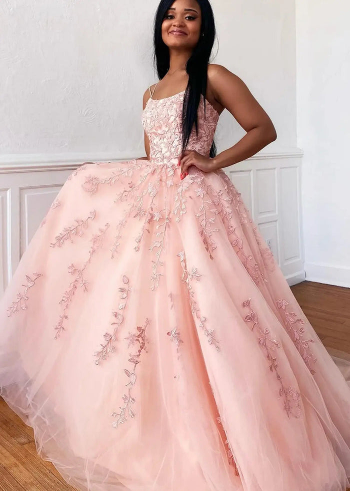 Amla | Plus Size Royal Blue and Light Pink Princess Lace Prom Dress - Light Pink - PromDressClub