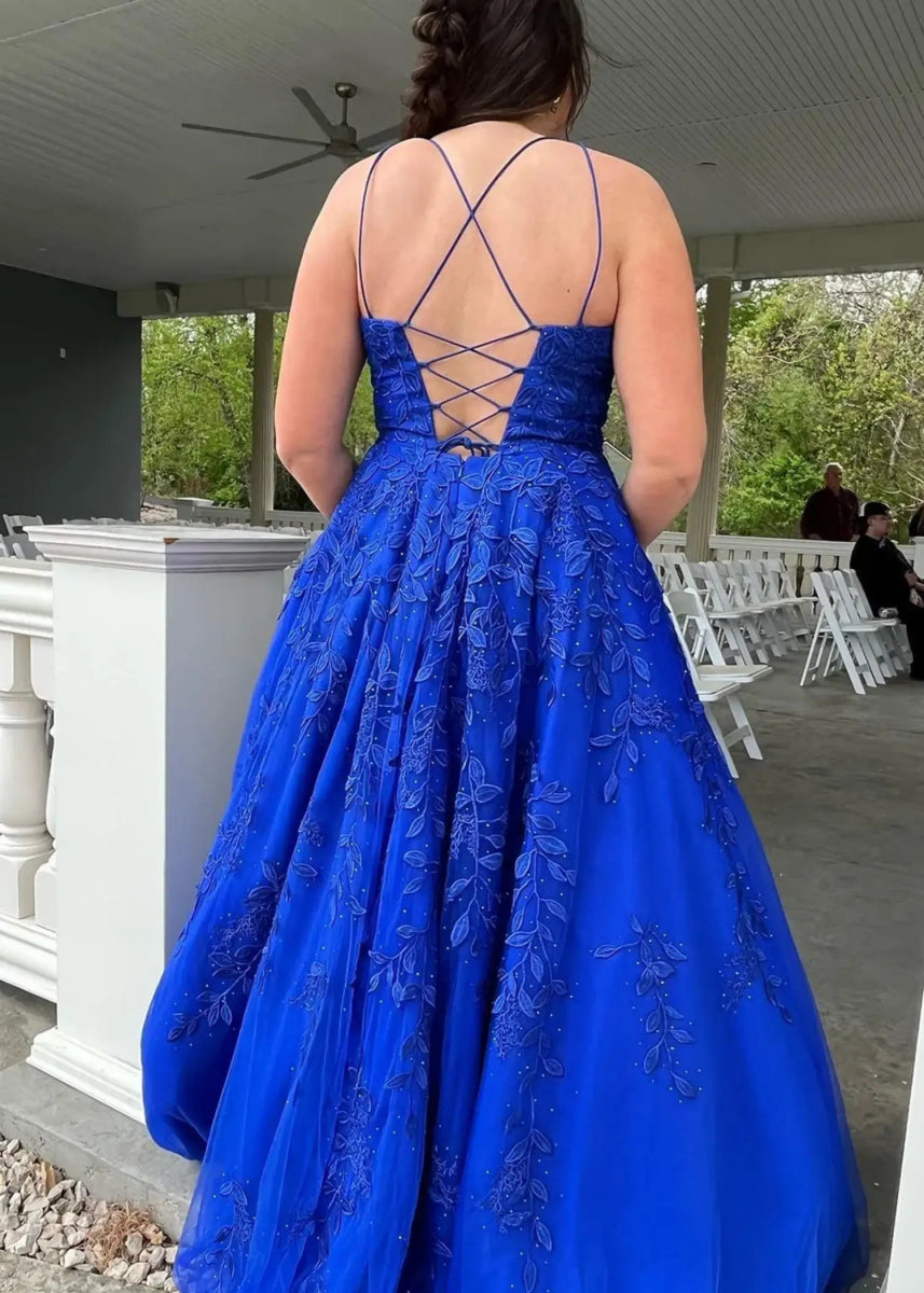 Amla | Plus Size Royal Blue and Light Pink Princess Lace Prom Dress - Royal Blue - PromDressClub