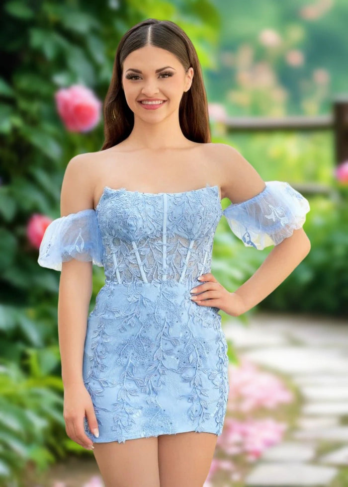 Amy | Bodycon Sage Green Lace Strapless Corset Homecoming Dress with Detachable Ballon Sleeves - Baby Blue - PromDressClub