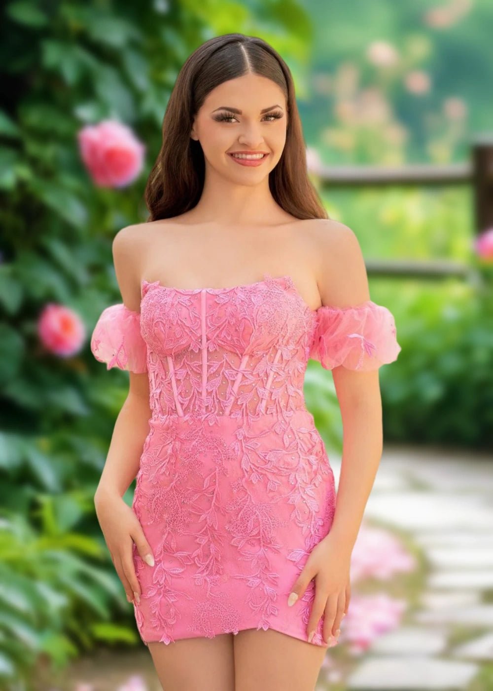 Amy | Bodycon Sage Green Lace Strapless Corset Homecoming Dress with Detachable Ballon Sleeves - Hot Pink - PromDressClub