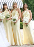 Amy | Sheath Twist Knot Pale Yellow Stretch Satin Maxi Bridesmaid Dress with Halter and Backless - Pale Yellow - PROMDRESS Club