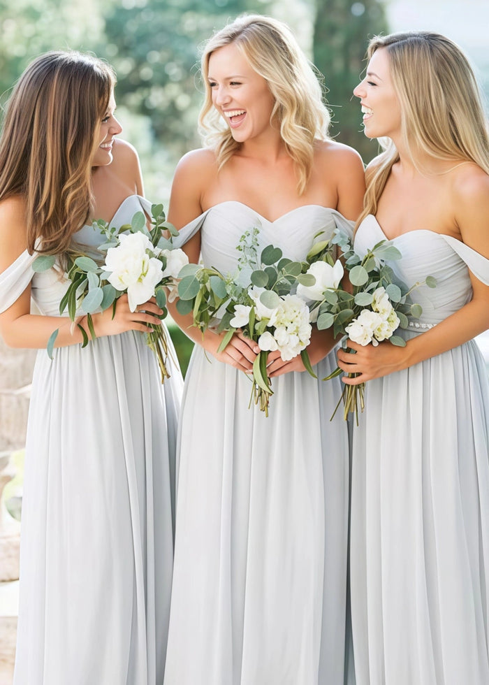 Anastasia | Boho A - Line Corset Backless Light Grey Chiffon Maxi Bridesmaid Dress with Off the Shoulder and Sweetheart Neck - Price #price_variant_lowest# - Grey - PromDressClub