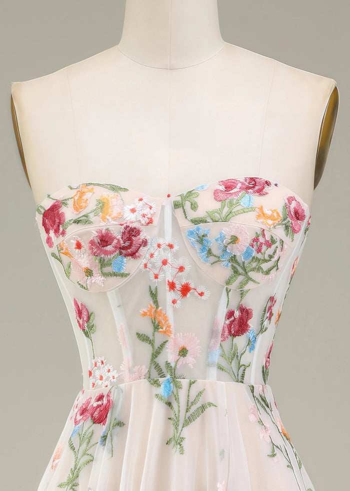 Andrea | A - Line Long Ivory Prom Dress With Sweetheart Tulle Embroidery Sweep Train - White Floral - PromDressClub