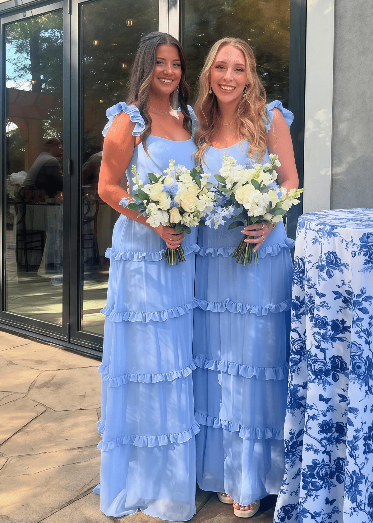 Andrea | Sheath Ruffles Blue Chiffon Maxi Bridesmaid Dress with Scoop and Lace - up Back - Blue - PROMDRESS Club