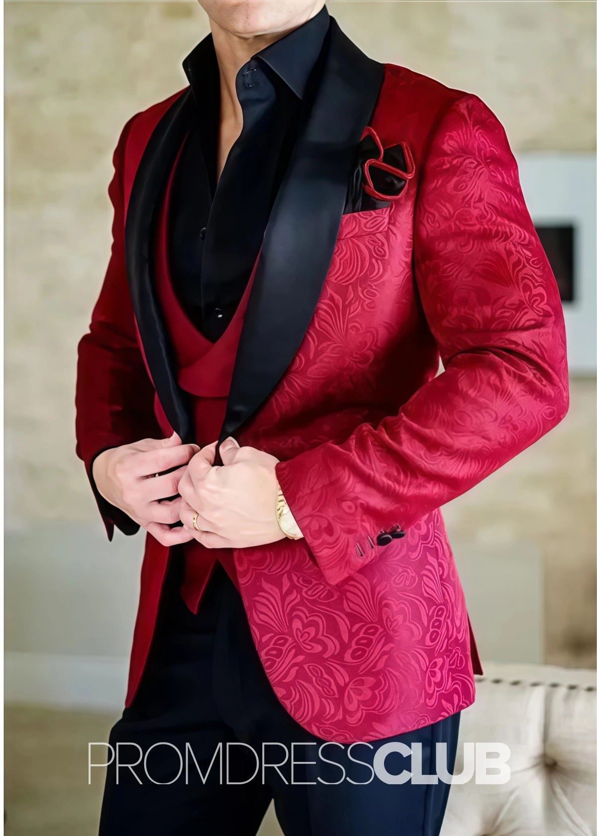 Andrew |Fashion Red Prom Suits For Men With Shawl Lapel Jacquard Suits Dinner Jacket | Three Pieces Bespoke Wedding Groom Suits - 34 - PromDressClub