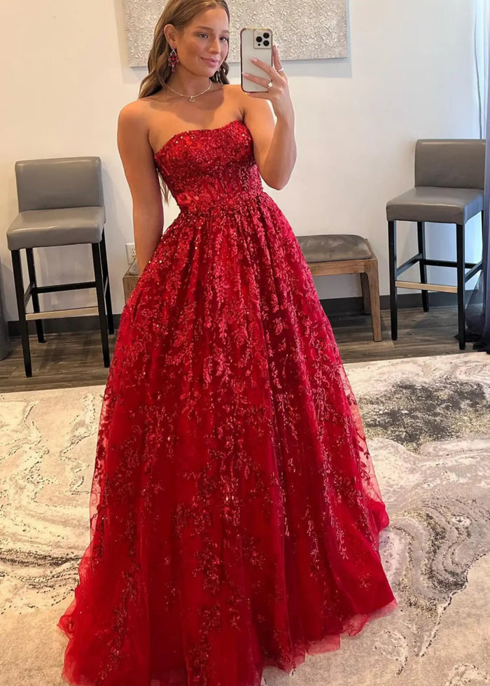 Angela | Strapless Royal Blue and Black Ball Gown Lace Prom Dress with Pockets - Red - PromDressClub