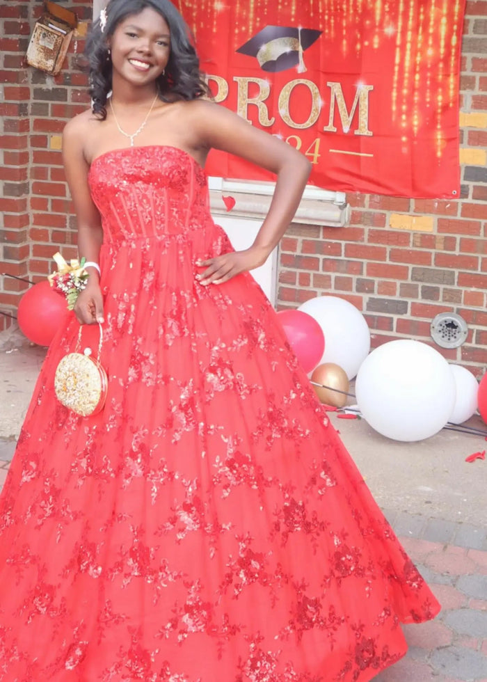 Angela | Strapless Royal Blue and Black Ball Gown Lace Prom Dress with Pockets - Red - PromDressClub