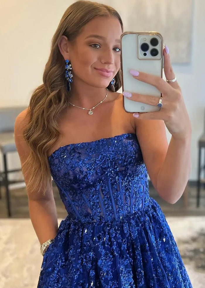 Angela | Strapless Royal Blue and Black Ball Gown Lace Prom Dress with Pockets - Royal Blue - PromDressClub