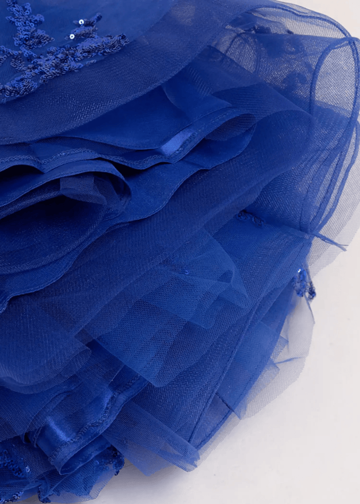 Angela | Strapless Royal Blue and Black Ball Gown Lace Prom Dress with Pockets - Royal Blue - PromDressClub