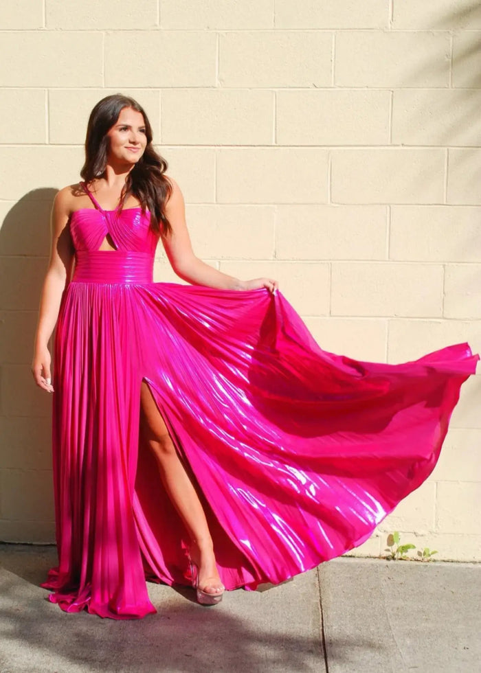 Angela | Fuchsia A Line Slit in Metallic Prom Dress with Halter Top - Fuchsia - PromDressClub
