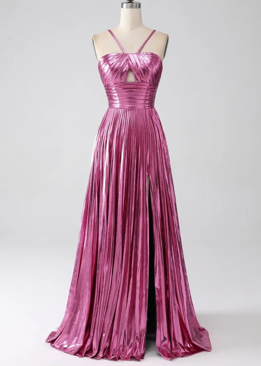 Angela | Fuchsia A Line Slit in Metallic Prom Dress with Halter Top - Fuchsia - PromDressClub