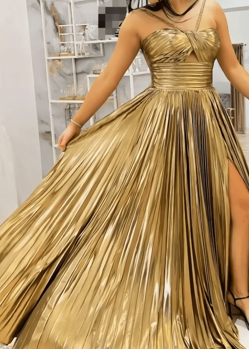 Angela | Fuchsia A Line Slit in Metallic Prom Dress with Halter Top - Gold - PromDressClub