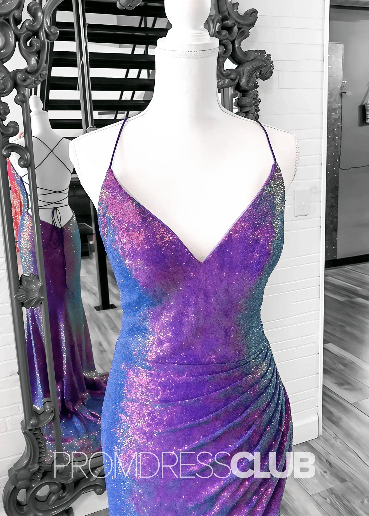 Ann |Dark Purple Prom Dress Long Mermaid Iridescent Sequins V Neck Lace - Up with Slit - Dark Purple - PromDressClub