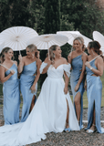 Ann | Sheath Pleated Cutout Fitted Light Pink Satin Maxi Bridesmaid Dress with Slit and One Shoulder - Light Blue - PROMDRESS Club