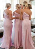 Ann | Sheath Pleated Cutout Fitted Light Pink Satin Maxi Bridesmaid Dress with Slit and One Shoulder - Light Pink - PROMDRESS Club