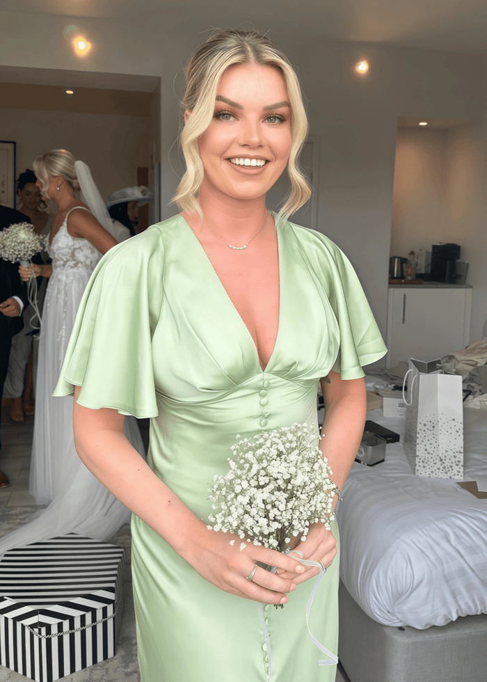 Anna | Sheath Modest Sage Green Satin Maxi Bridesmaid Dress with Slit and Buttons - Price #price_variant_lowest# - Sage - PromDressClub