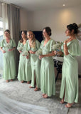 Anna | Sheath Modest Sage Green Satin Maxi Bridesmaid Dress with Slit and Buttons - Sage - PROMDRESS Club