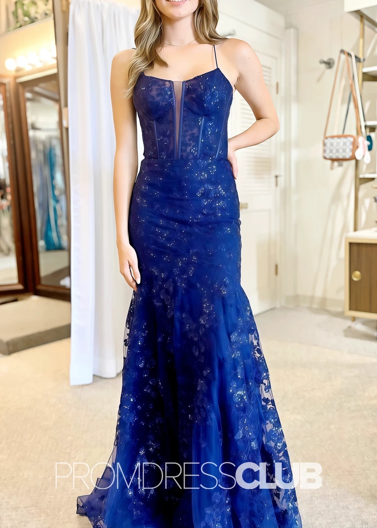 Annabelle |Prom Dresses Navy Blue Long Mermaid Sequin Lace Spaghetti Strap - Navy Blue - PromDressClub