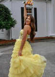 Annabelle |Sweetheart A Line Tiered Tulle Long Yellow Prom Dress - Yellow - US0 - PromDressClub