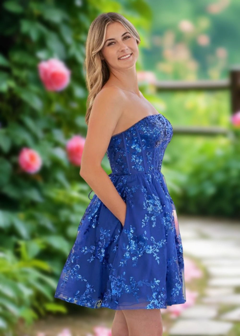 Annette | A Line Red Sequin Corset Strapless Short Homecoming Dress - Royal Blue - PromDressClub