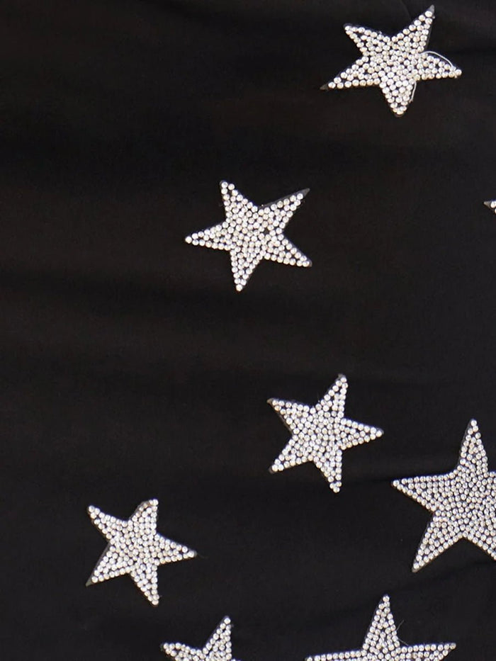 Antonia | Stylish Black Satin Strapless Fringe Cocktail Dress – Beaded Stars Design - Black - PromDressClub