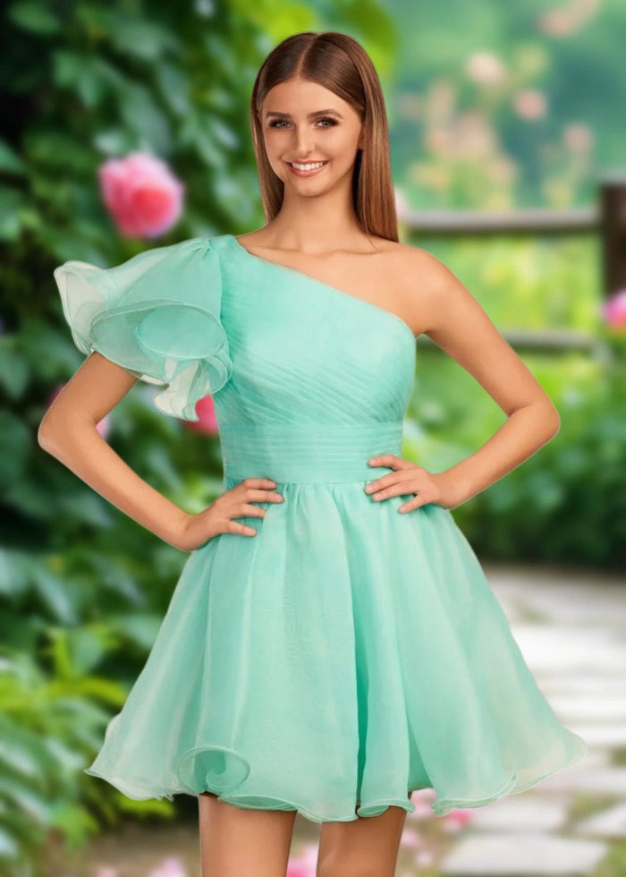 April | Mint Green Organza One Shoulder Ruffle A Line Homecoming Dress - Mint Green - PromDressClub