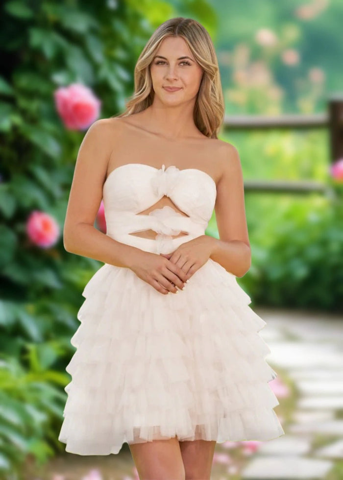 Arabella | A Line Yellow Tulle Strapless Ruffle Short Homecoming Dress - White - PromDressClub