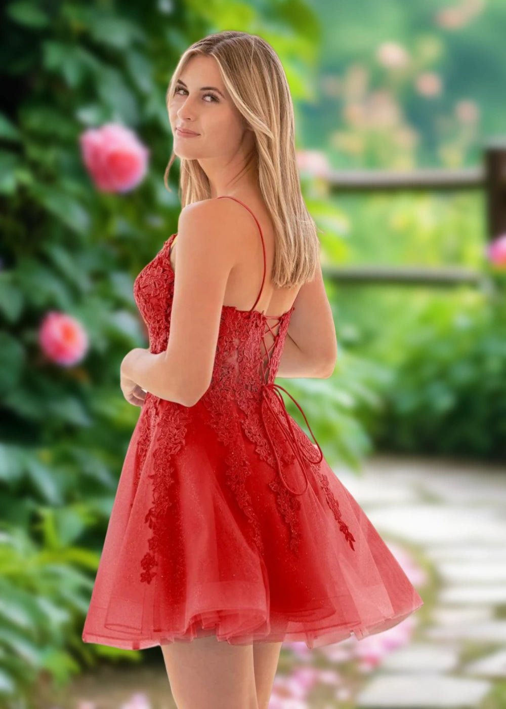 Ariana | Light Blue Lace Corset A Line Short Homecoming Dress - Red - PromDressClub