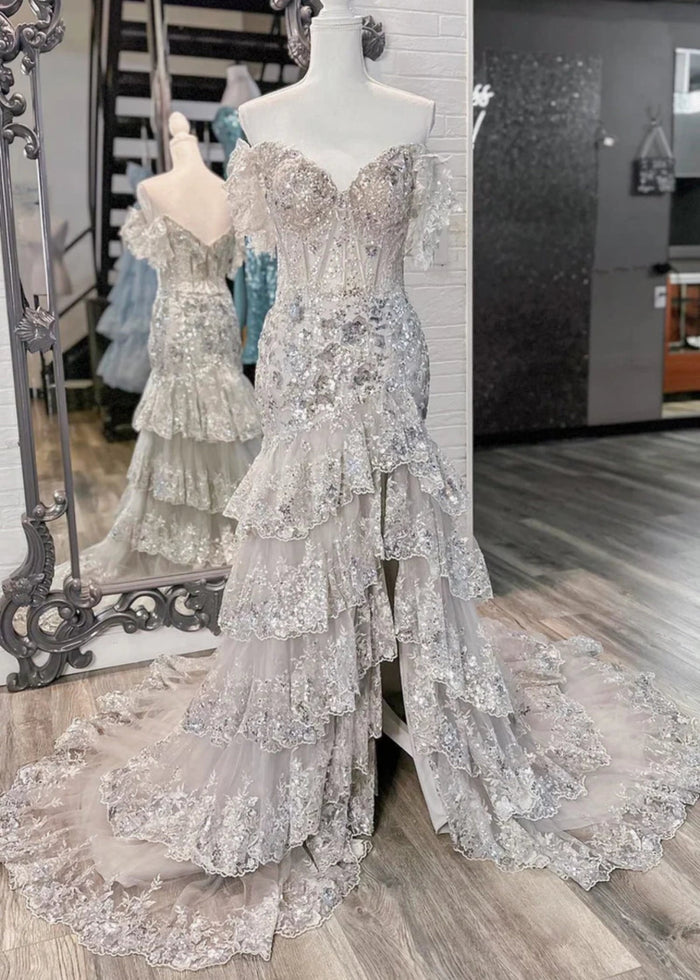 Arlene | A Line Black Strapless Corset Prom DressRuffles with Slit - Silver - PromDressClub