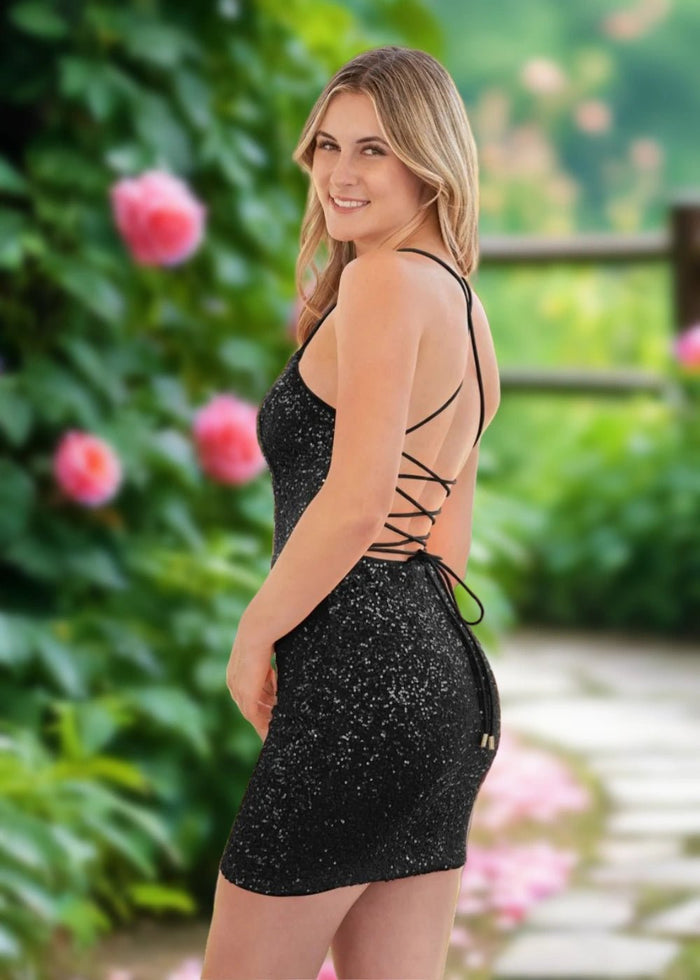 Arlene | Bodycon Orange Sequin Open Back Homecoming Dress - Stylish Scoop Neck Designs - Black - PromDressClub