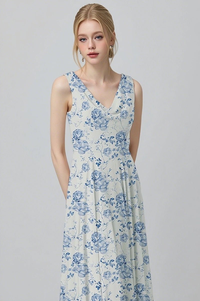 Astounding Aura Blue Floral Bridesmaid Dress: Flattering & Comfortable Wedding Wear - Blue Floral - PromDressClub