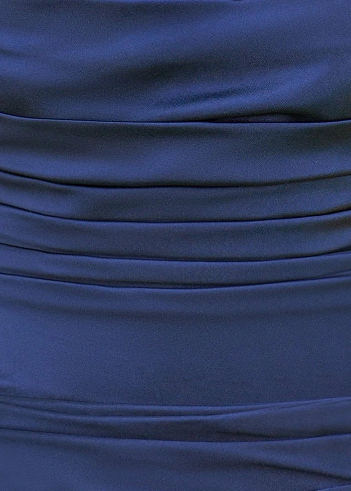 Astrid | Bodycon Navy Blue Strapless Satin Homecoming Dress with Gloves – Open Back Style! - Navy Blue - PromDressClub