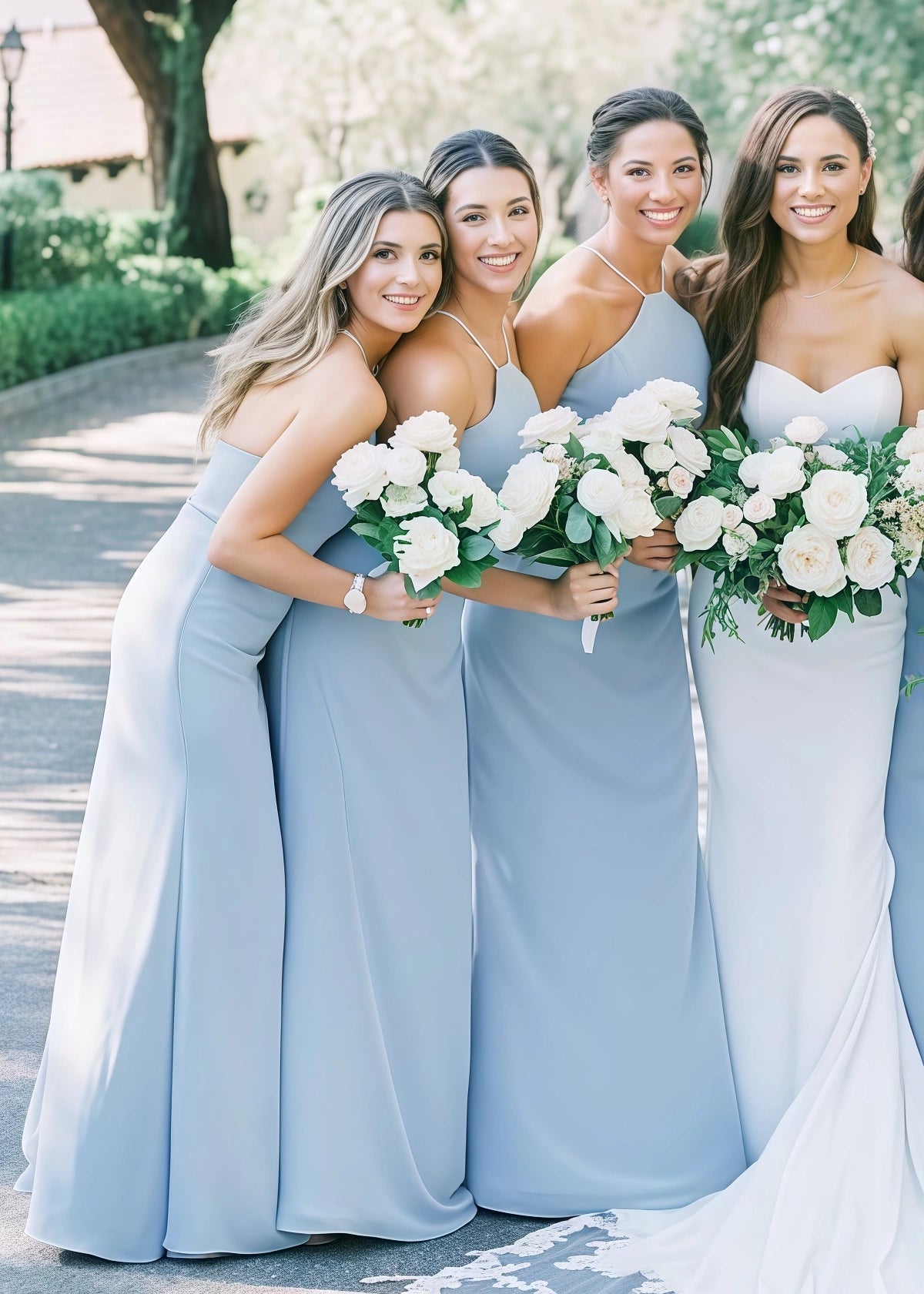 Astrid | Chic Sheath Stretch Modest Light Blue Satin Maxi Bridesmaid Dress with Halter and Backless - Light Blue - PROMDRESS Club