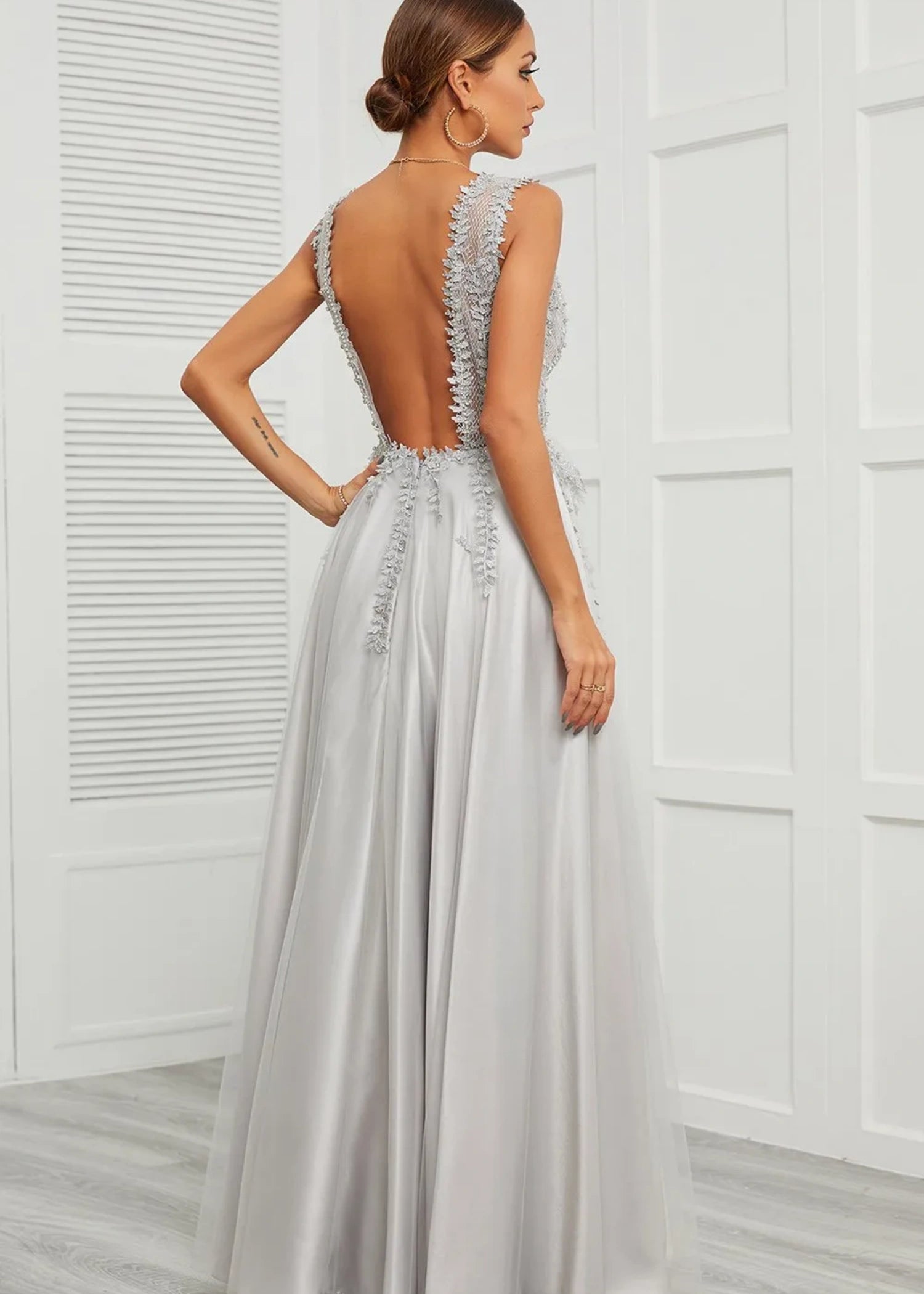 Astrid | Deep V Neck Long Grey Prom Dress with A - Line Appliques - Grey - US0 - PromDressClub