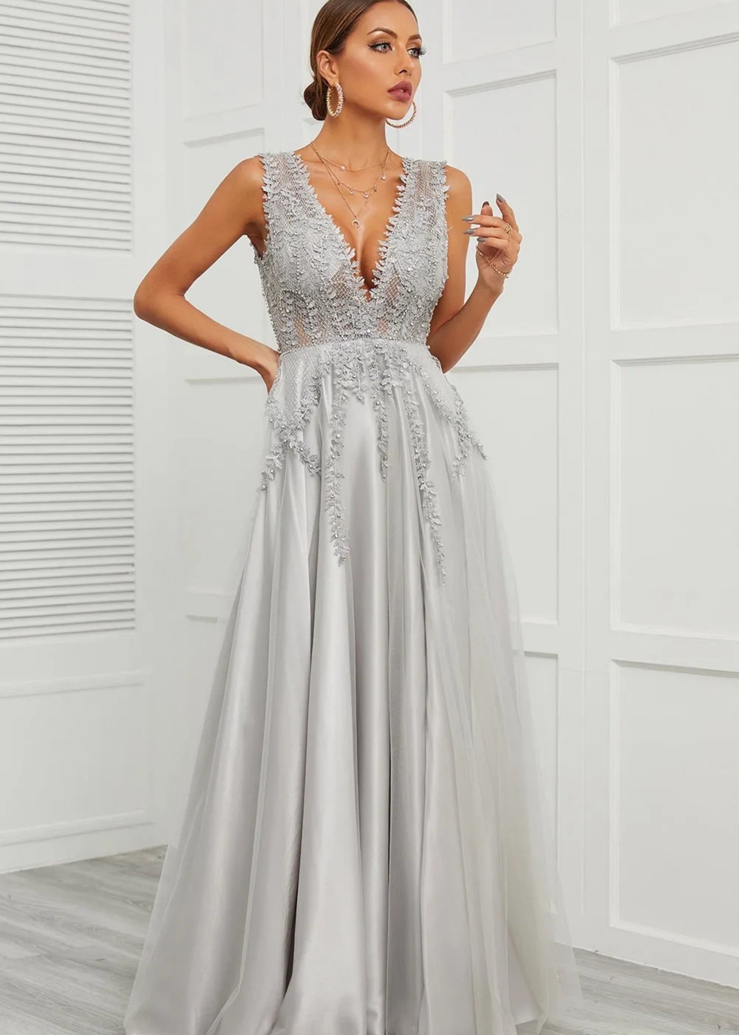 Astrid | Deep V Neck Long Grey Prom Dress with A - Line Appliques - Grey - US0 - PromDressClub