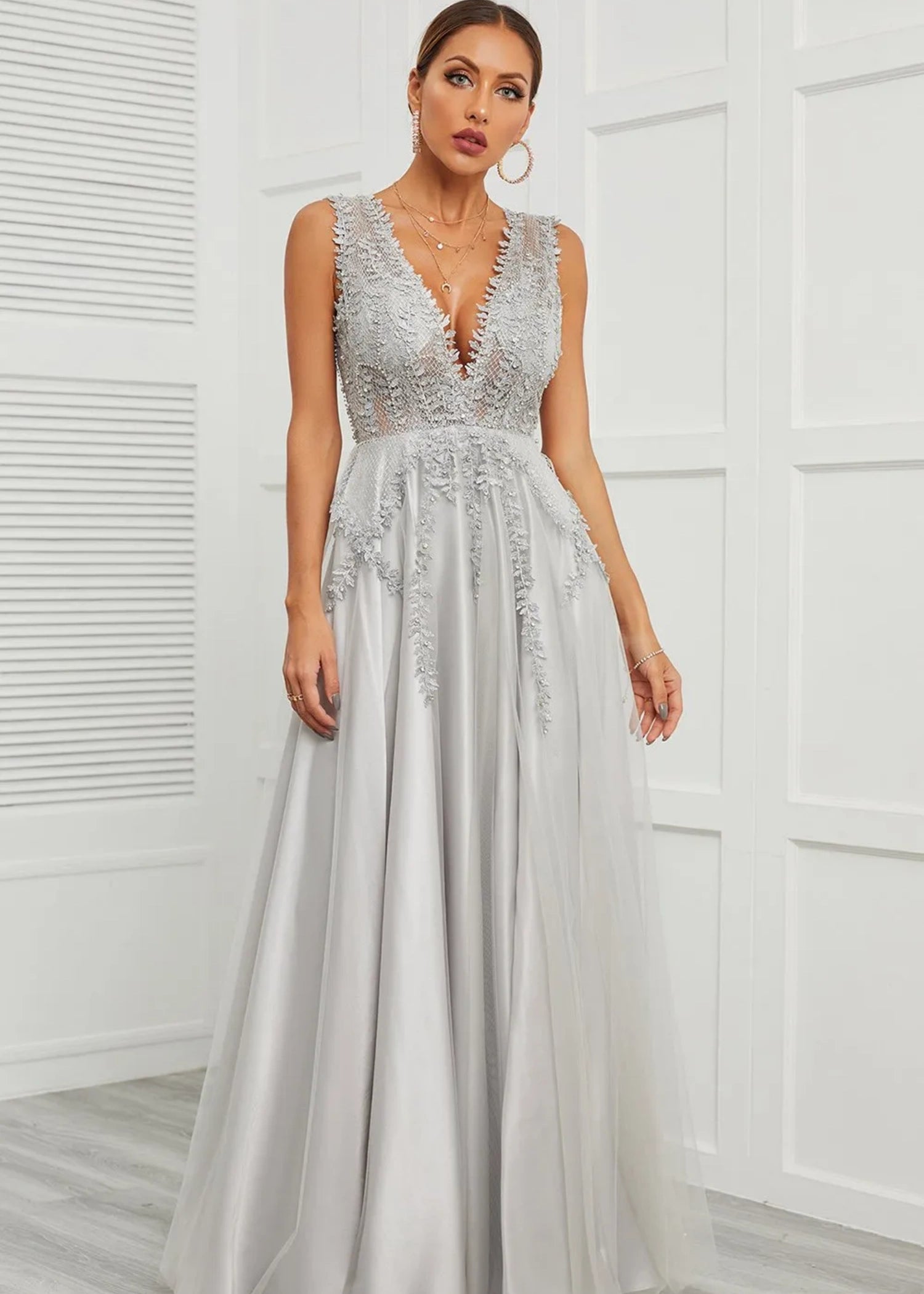 Astrid | Deep V Neck Long Grey Prom Dress with A - Line Appliques - Grey - US0 - PromDressClub